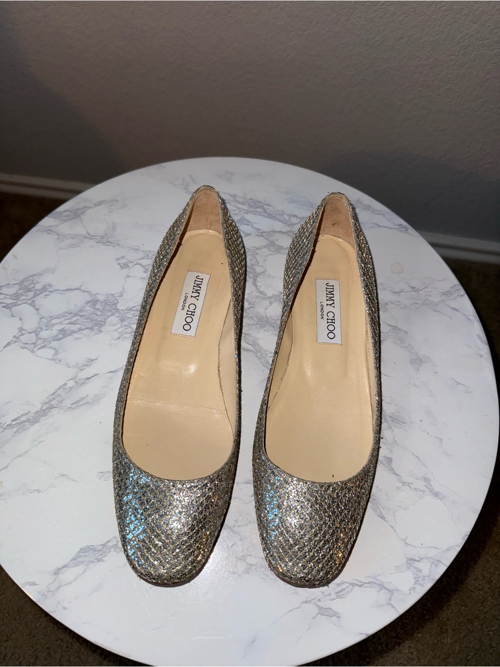 Jimmy Choo Glitter Woven Ballet Flats in Metallic Silver - Picture 1 of 6